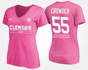 Womens Tyrone Crowder Pink Clemson Tigers #55 With Message Name and Number T-Shirt 799186-647